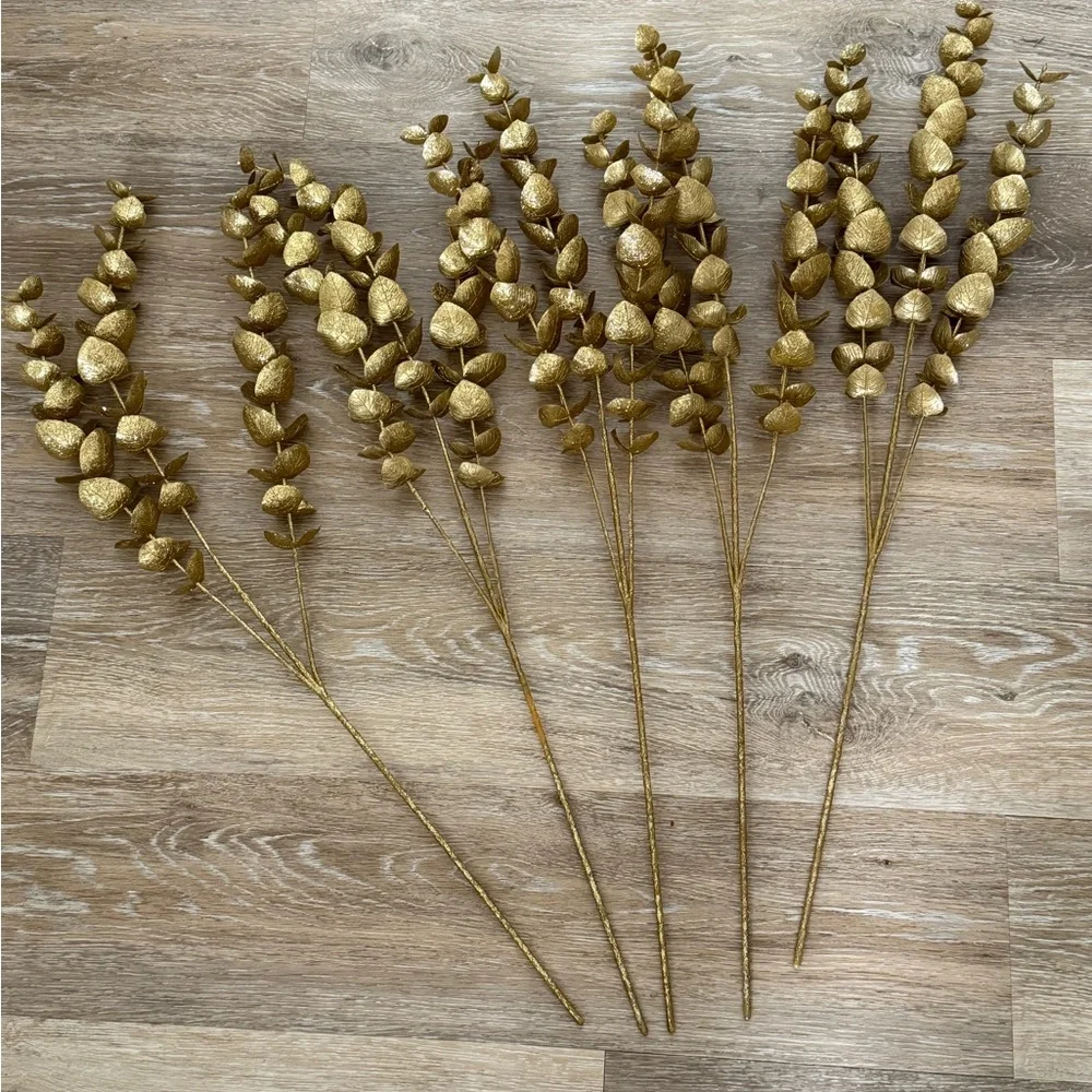 New Gold Metallic Faux Eucalyptus Christmas Floral Stems 26” - Set of 5